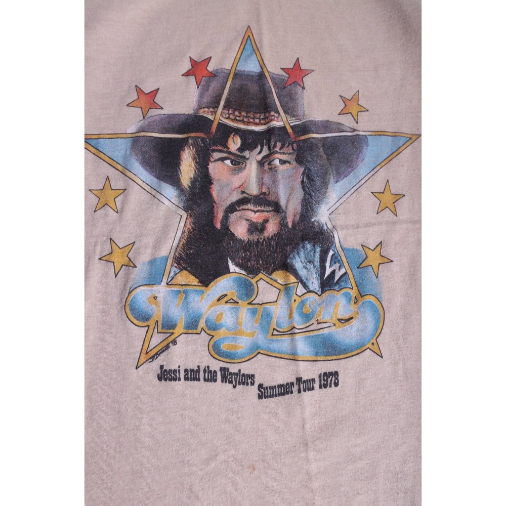 Vintage Waylon Jennings 1978 Summer Tour T-Shirt Tan Band Tee Medium 70s Shirt - Picture 2 of 7